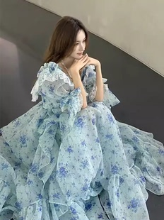 2024年春夏selkie ocean青绿底蓝色紫藤花印花在逃公主蓬蓬连衣裙