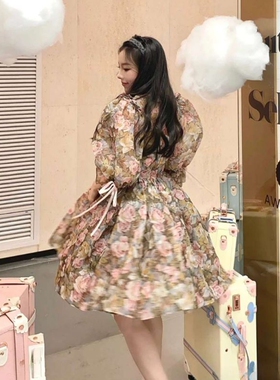 灿烂玫瑰Selkie ocean2023年春夏新款五彩印花两件蓬蓬式连衣裙女