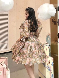 灿烂玫瑰Selkie ocean2023年春夏新款五彩印花两件蓬蓬式连衣裙女