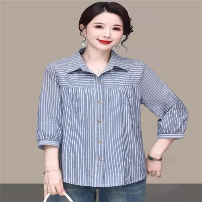 纯棉条纹衬衫女士春夏季妈妈装宽松遮肚七分袖上衣中老年全棉衬衣