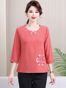 中老年人女装 t恤大码 宽松棉麻民族风绣花上衣女 七分袖 胖妈妈夏装