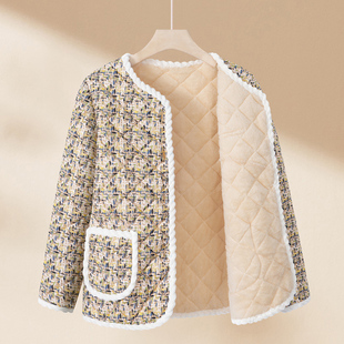 2025新款 秋冬 保暖加厚棉衣服羊驼绒小香风花棉袄加绒外套妈妈女装