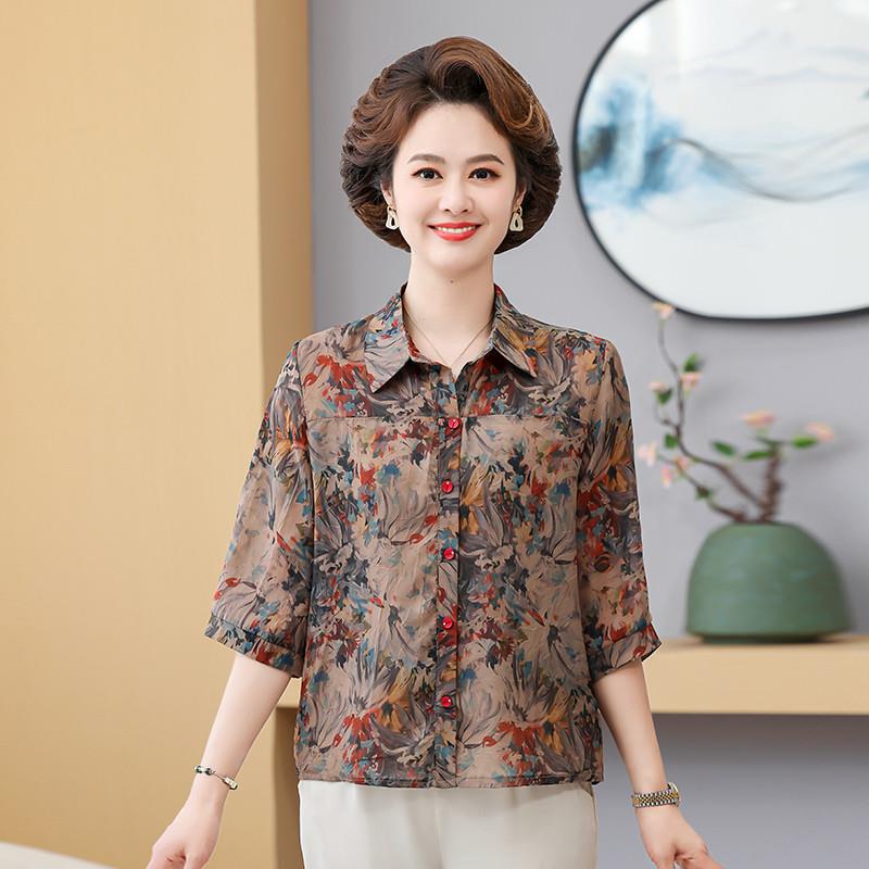 中老年短款遮肚子上衣小个子妈妈夏装衬衫中年妇女带领五分袖套头