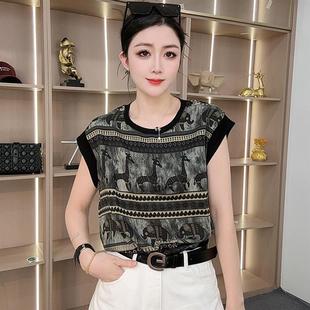 小衫 圆领无袖 休闲百搭薄款 女时尚 宽松女士上衣 T恤女洋气夏款 个性