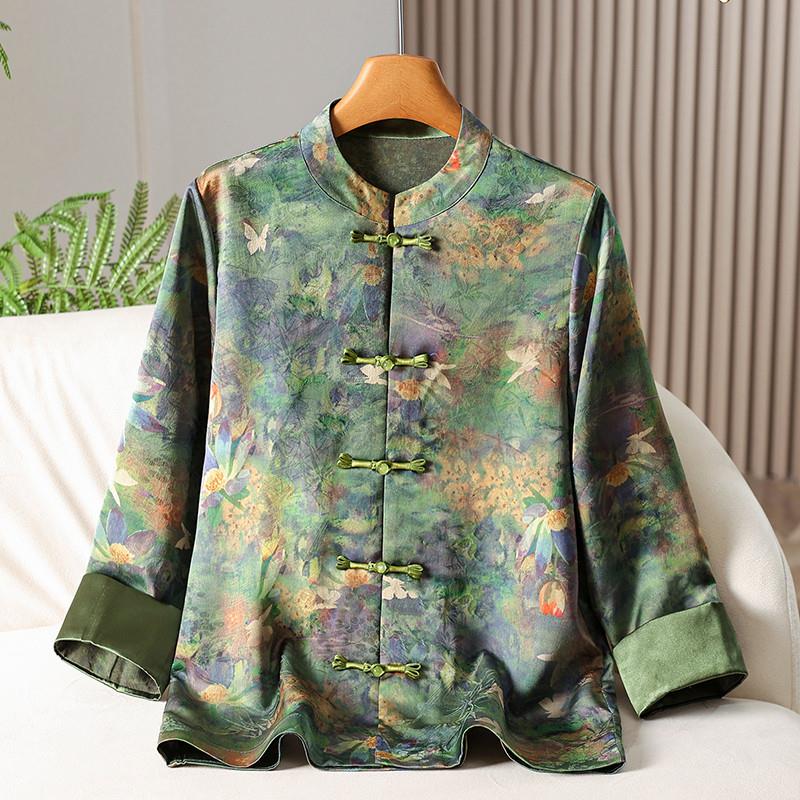 中老年女春秋季盘扣薄款唐装衬衫上衣新中式妈妈秋装国风减龄外套