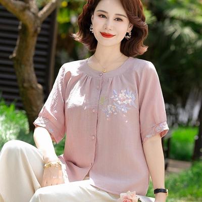 中老年人夏季纯棉麻T恤短袖中年女士夏装棉绸套装妈妈装衬衫上衣