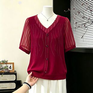 2026夏季新款时尚妈妈烫钻蕾丝短袖小衫女中老年洋气百搭T恤上衣