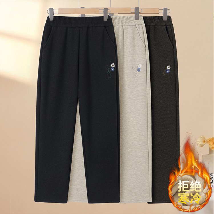 中老年大码女装妈妈加绒加厚长裤休闲裤秋冬装新款刺绣毛呢直筒裤
