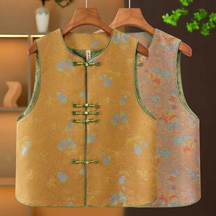 提花国风背心复古外套盘扣女装 妈妈新款 洋气圆领坎肩马甲上衣中式