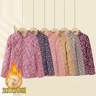 秋冬中老年老太太装 保暖内搭外穿复古棉衣加厚碎花立领加绒棉服女