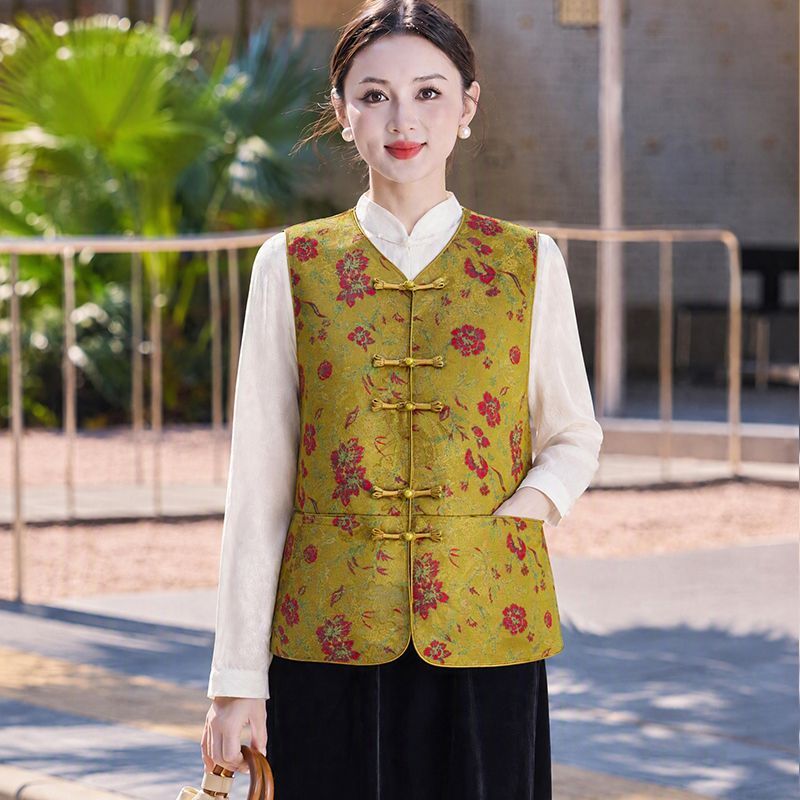 秋季复古新中式印花妈妈装马甲女中老年无袖外搭坎肩背心外套图片