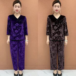 时尚 上衣搭阔腿裤 压花金丝绒花卉套装 宽松弹力七分袖 大码 春夏女装