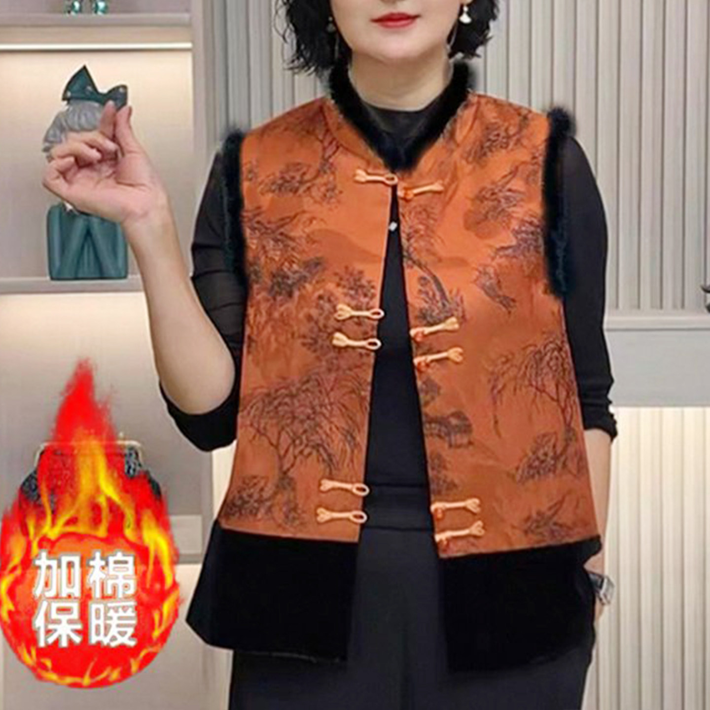 2025秋冬新款Z复古国风拼接中年女装马夹新中式立领夹棉保暖马甲,女装/女士精品,马夹,淘宝优惠券,粉丝福利购,淘宝优惠卷