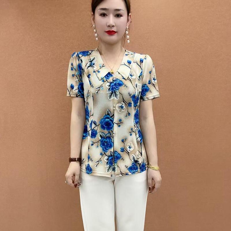 时尚显瘦碎花小衫妈妈装上衣女士衬衫宽松夏季休闲中老年女装