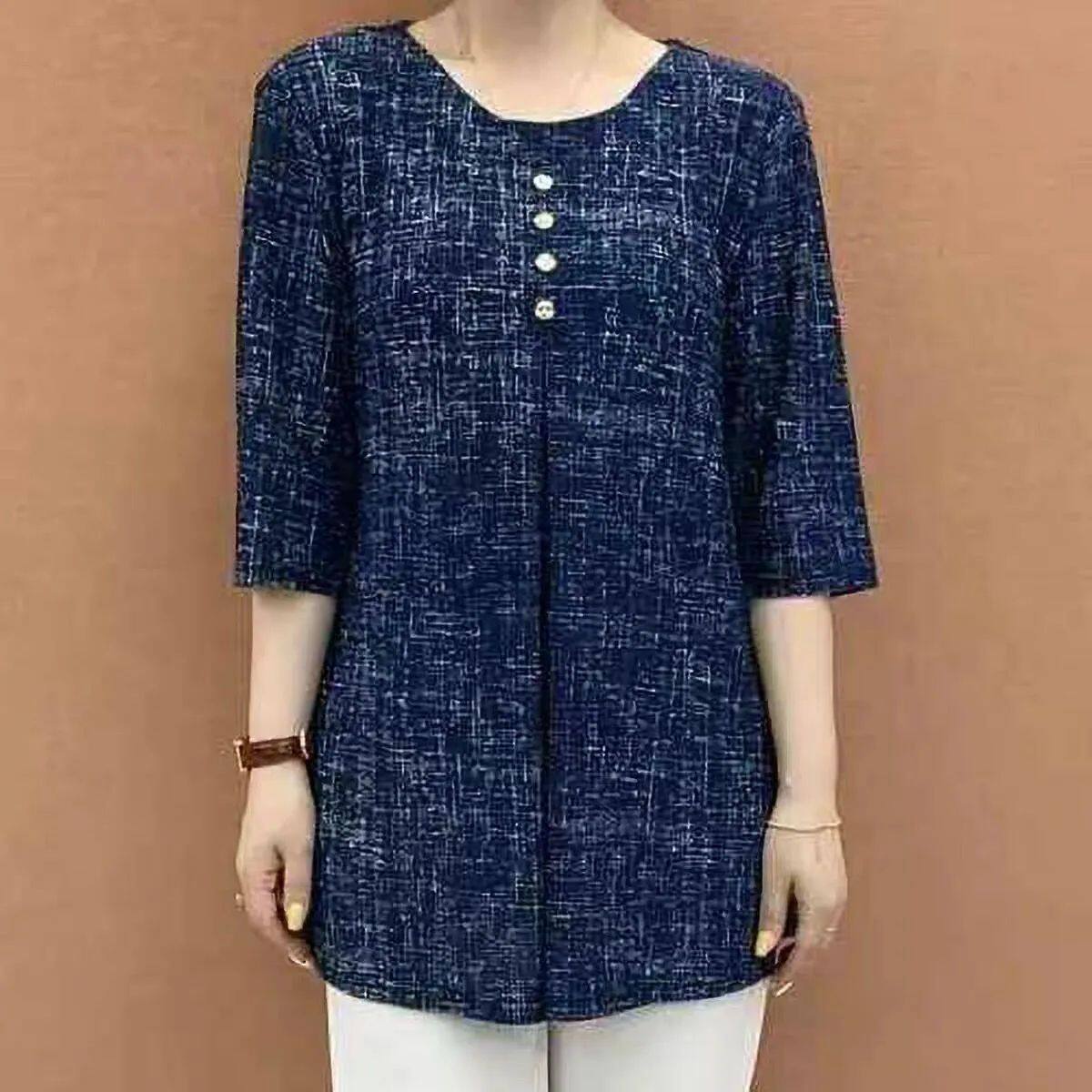 妈妈装夏季显瘦纯色大码中老年中袖女装中长款小衫纽扣洋气T恤