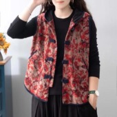 秋冬新品 民族风马甲女棉麻加绒背心马夹复古盘扣连帽百搭短款 外套