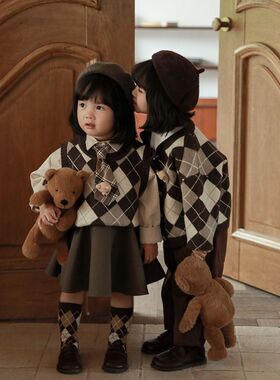 女童复古学院风菱格针织洋气开衫小熊马甲背心秋季KF351,BF071秋