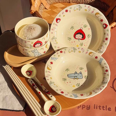 可爱小红帽盘子家用陶瓷碗盘餐具一人食碗碟套装漂亮饭碗碟子餐盘