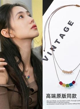 七根心简刘浩存木代同款项链女双层彩色天然石小众气质锁骨链新款