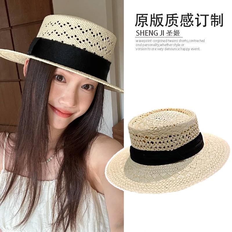 阮小咪同款镂空平顶草帽女夏天防晒遮阳帽复古礼帽太阳帽气质百搭图片