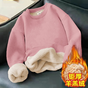 純色圓領(lǐng)套頭羊羔絨衛(wèi)衣女士加絨加厚時尚 秋冬季 百搭保暖休閑上衣