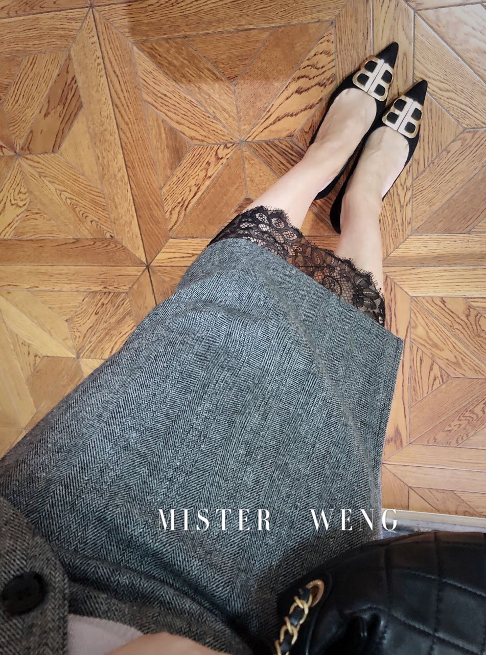 翁先森的店人字纹侧开衩半身裙