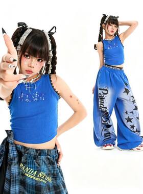 女童街舞爵士舞hiphop潮流百搭亮钻背心T宽松长裤套装儿童演出服