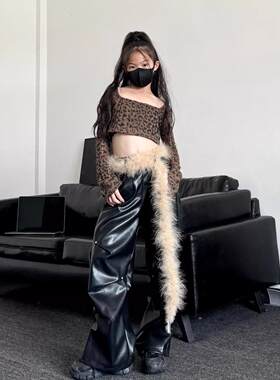 潮酷女童豹纹露脐罩衣皮裤套装少儿新年元旦女团爵士舞表演出服