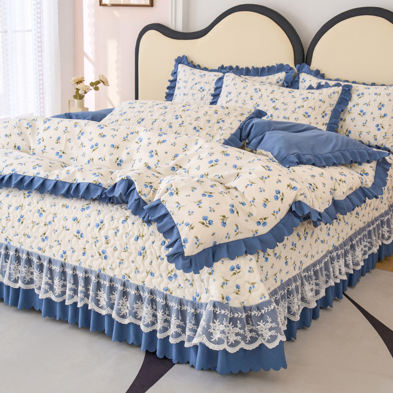 四季夹棉床盖韩版公主风床罩新款双面保护套加厚高档床单双层花边