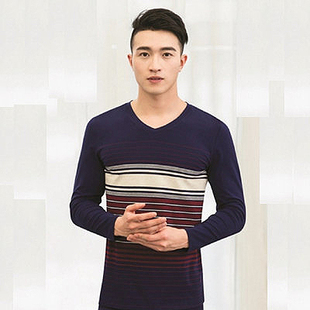 逸如枫男士莱卡亲肤棉色织条纹V鸡心领薄秋衣裤打底内衣套装 2930