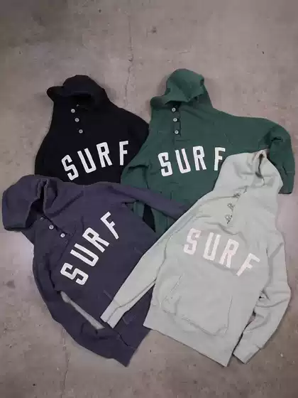 Surf Spell Out Button Hoodie Pullover Sweatshirt with Surf Lettering and Button Details