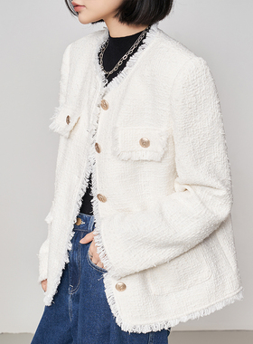 白色蝴蝶纱拉毛小香风外套女秋冬新款精致粗花呢高级感外套