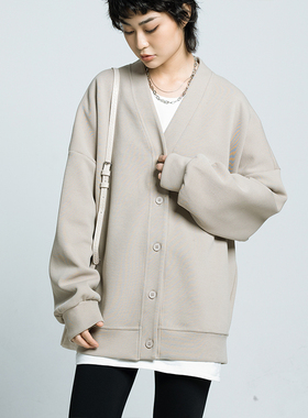 CYX 休闲百搭宽松V领中长款开衫外套bf风叠穿上衣