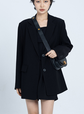 CYX 黑色西装外套女春秋新款秋装休闲宽松垂感廓形设计感西服