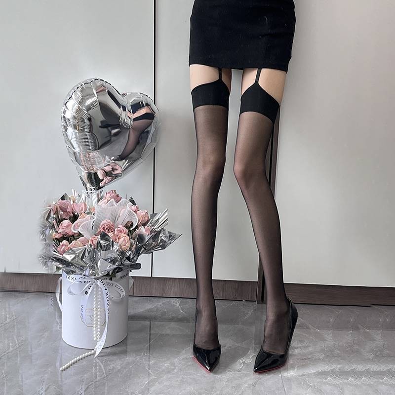 性感jk红边过膝黑色丝袜美腿塑形网红同款辣妹吊带一体丝袜女薄款