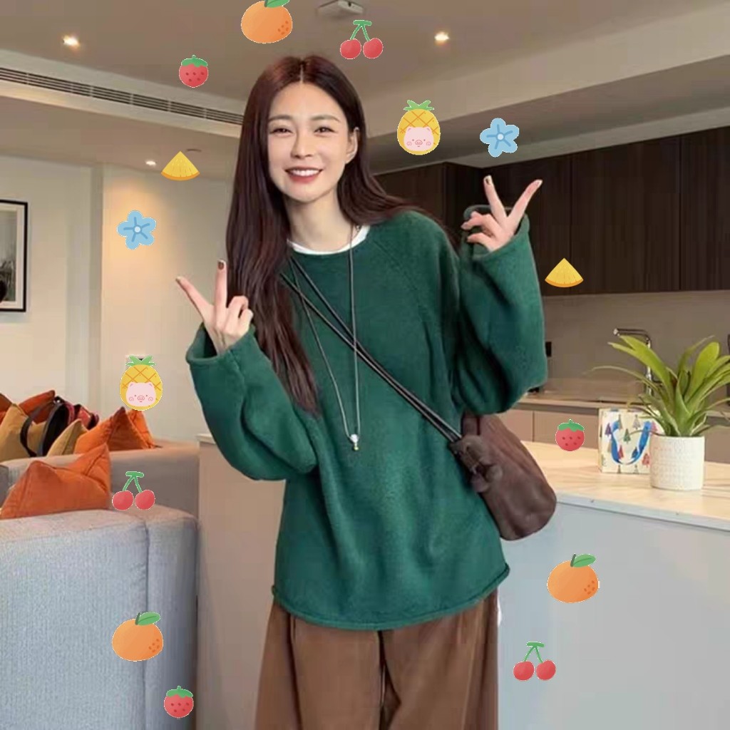 沈梦辰同款墨绿色复古圆领毛衣女秋冬宽松慵懒高级感针织衫上衣潮