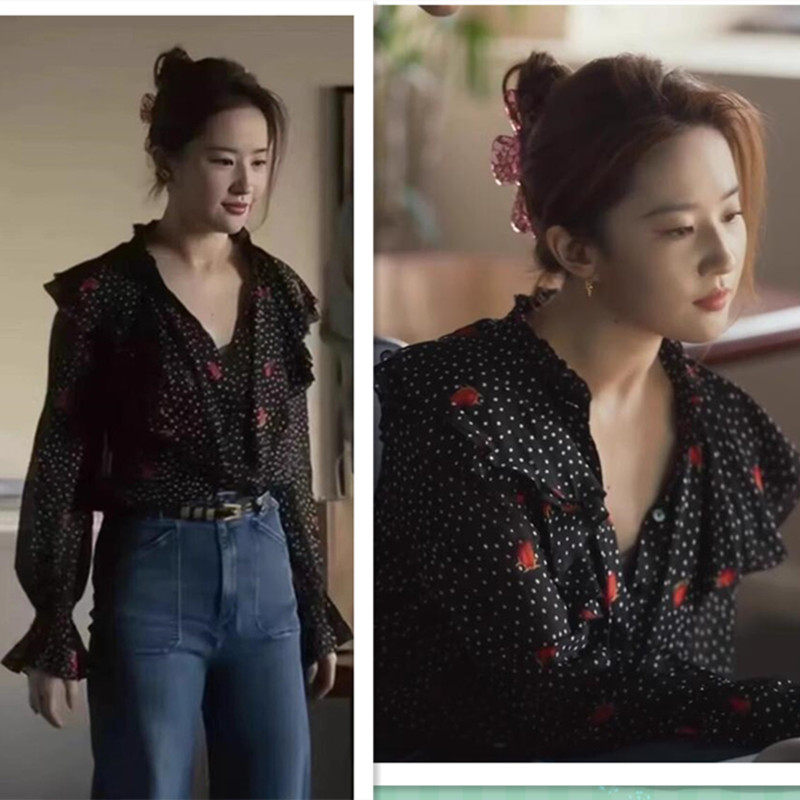 玫瑰的故事刘亦菲黄亦玫明星同款黑色波点碎花衬衫女雪纺衫上衣潮