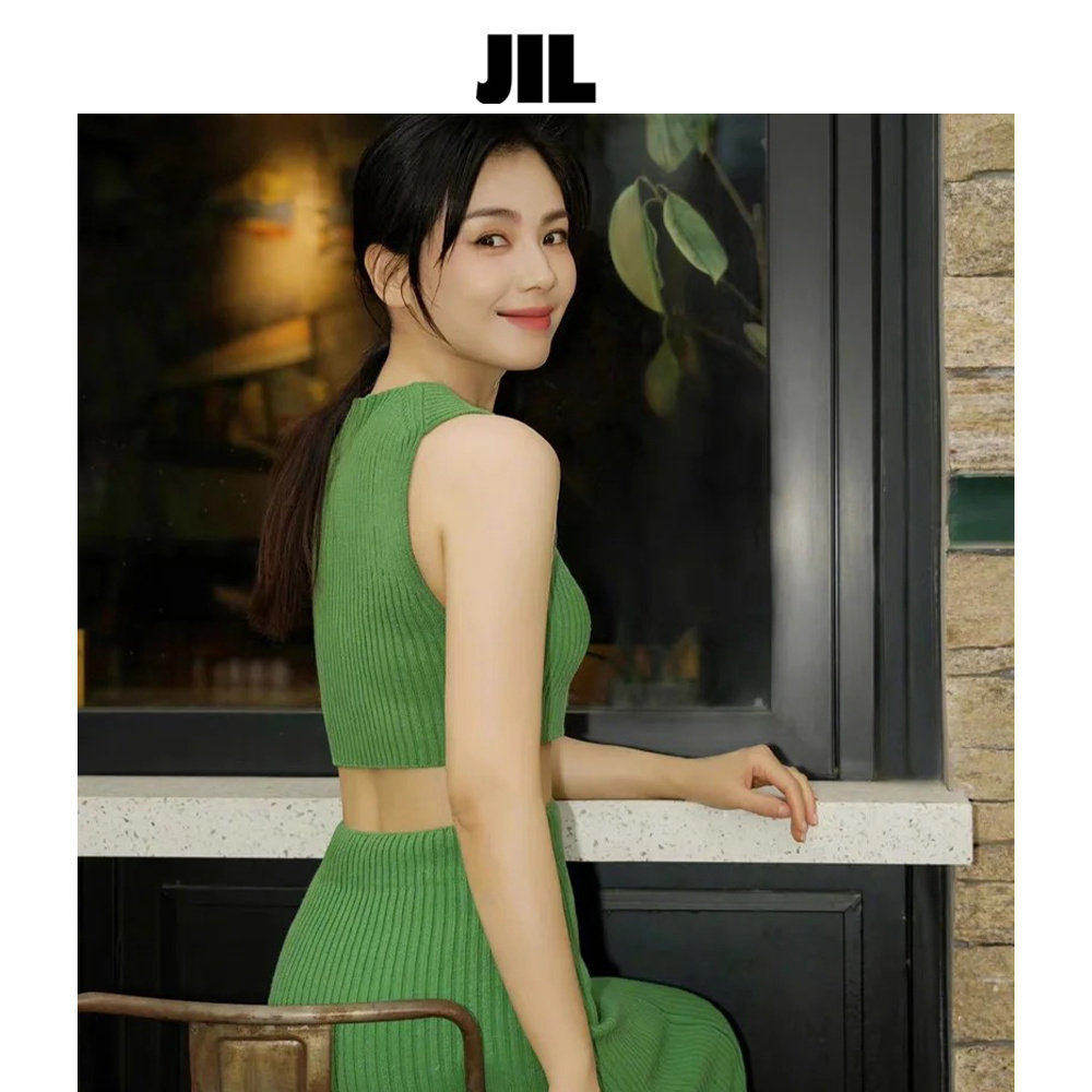 JIL 刘涛同款无袖拉链螺纹针织背心+半身裙