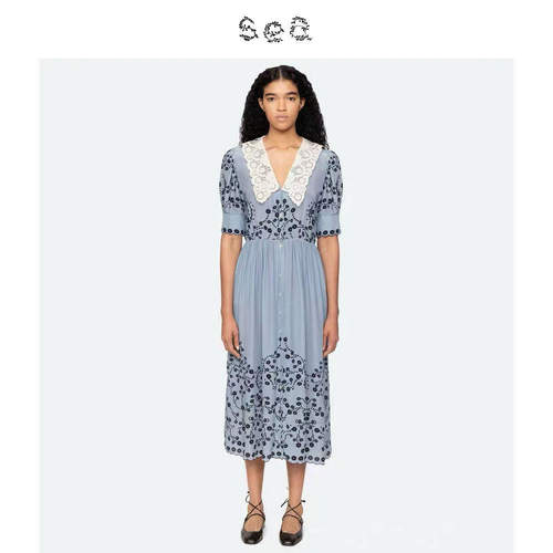 Sea New York 法式优雅V领收腰显瘦蕾丝泡泡袖连衣裙
