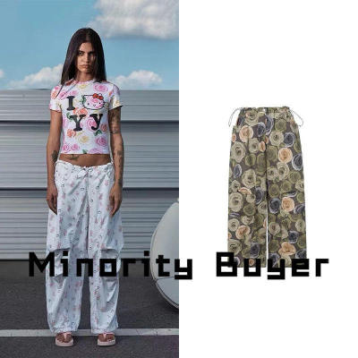现货 买手店 OPEN YY hello kitty联名玫瑰印花抽绳阔腿伞兵裤