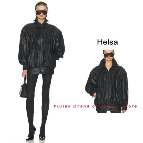 煳椒 Helsa 新款黑色廓形翻领老钱风宽松皮衣夹克外套
