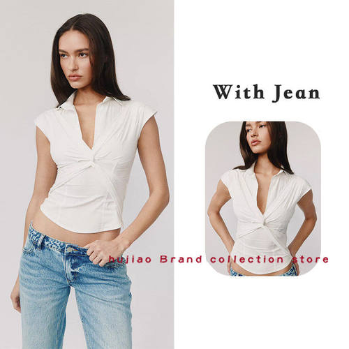 煳椒 With Jean 25新款V领纽结短袖收腰短款上衣衬衣衬衫