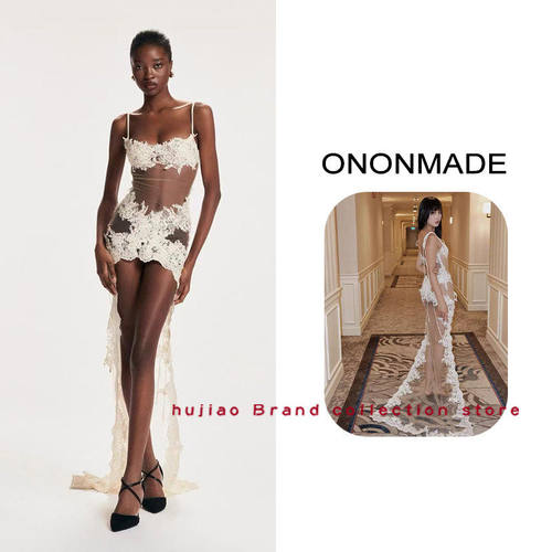 煳椒 Ononmade 新款蕾丝网纱拼接透视拖尾长裙吊带连衣裙