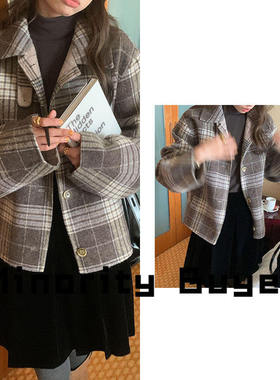 现货 买手店 Modest Mood 撞色格子减龄翻领单排扣毛呢短款外套