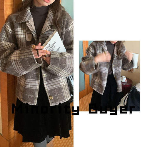 现货 买手店 Modest Mood 撞色格子减龄翻领单排扣毛呢短款外套