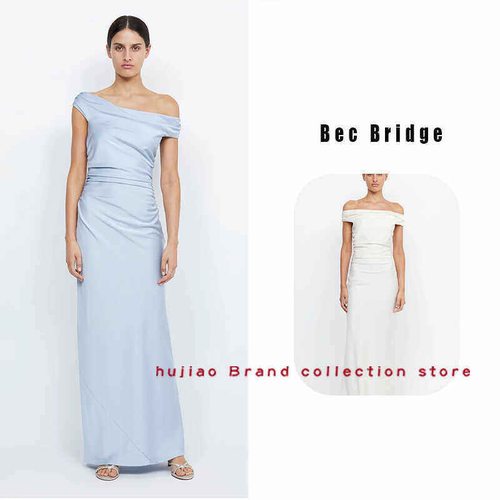 煳椒  Bec Bridge 斜肩缎面修身侧开叉礼服长裙女士连衣裙