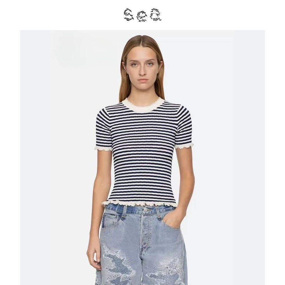 Sea New York 早春新款休闲条纹圆领针织短袖上衣女