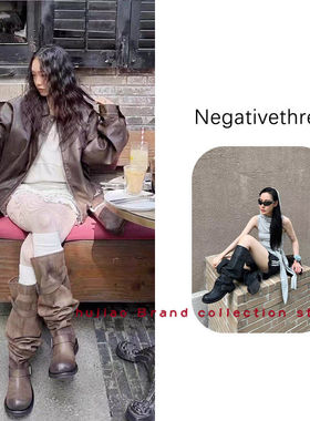 煳椒 Negativethree 张元英同款骑士靴中筒双皮带搭扣堆堆靴