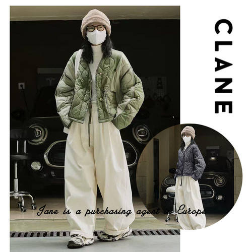 国现 日本 CLANE 松本惠奈复古撞色拼接V领绗缝棉服棉衣外套