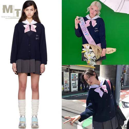 学院羊毛假三件针织连衣裙